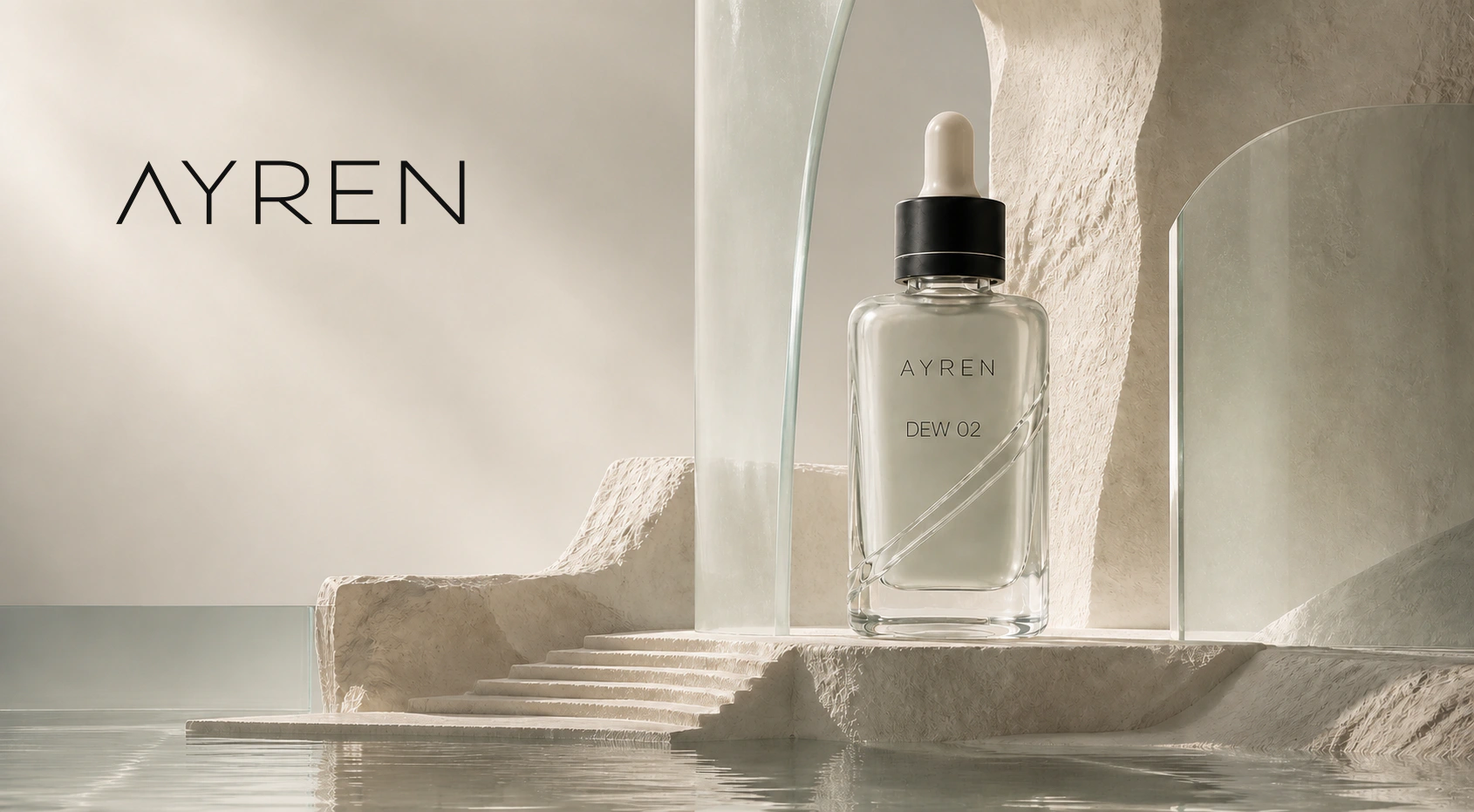 AYREN DEW 02 bottle staged as a monumental skincare ritual