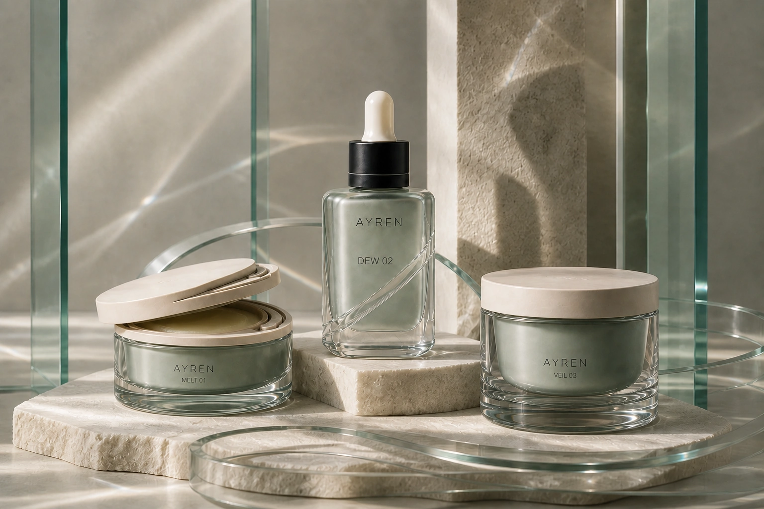 AYREN MELT 01, DEW 02 and VEIL 03 presented among mineral and glass forms