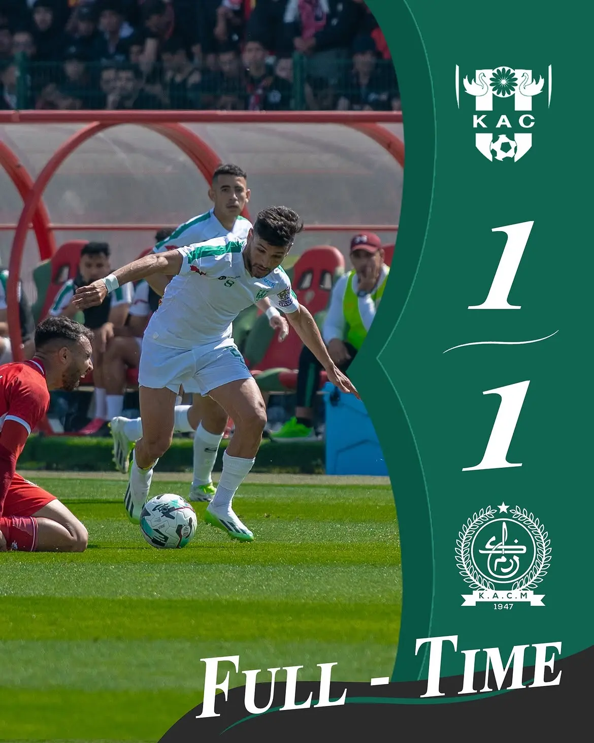 KAC full-time result graphic showing a one-one score