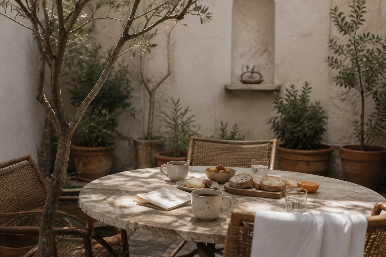 Coffee, breakfast and an olive tree in a quiet courtyard