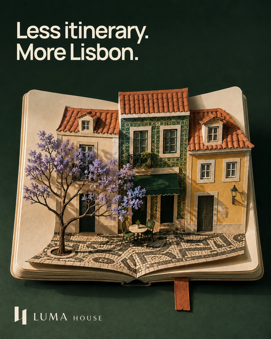 An open book unfolds into a miniature Lisbon neighbourhood with a café and jacaranda.