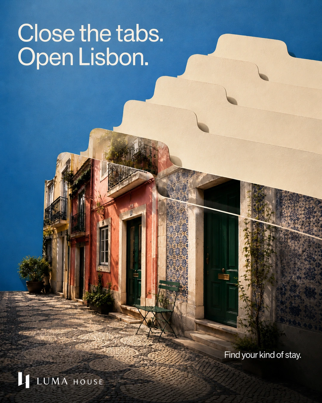 Paper browser-tab shapes transform into a colourful Lisbon street.