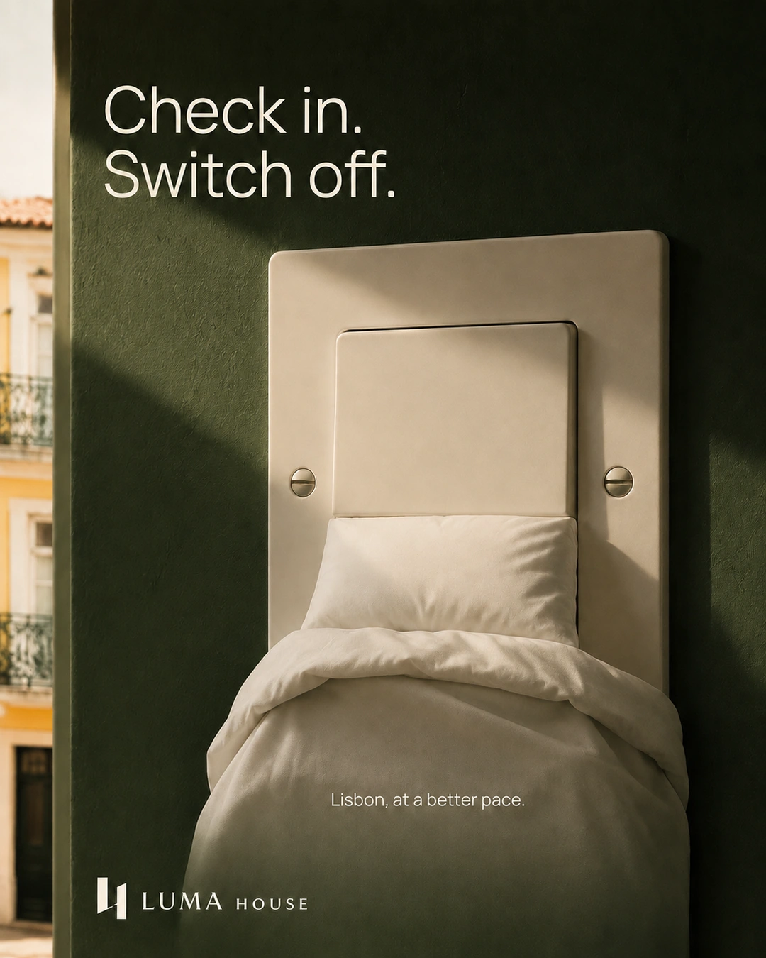 A mechanical wall switch transforms into a bed with ivory linen against a green wall.