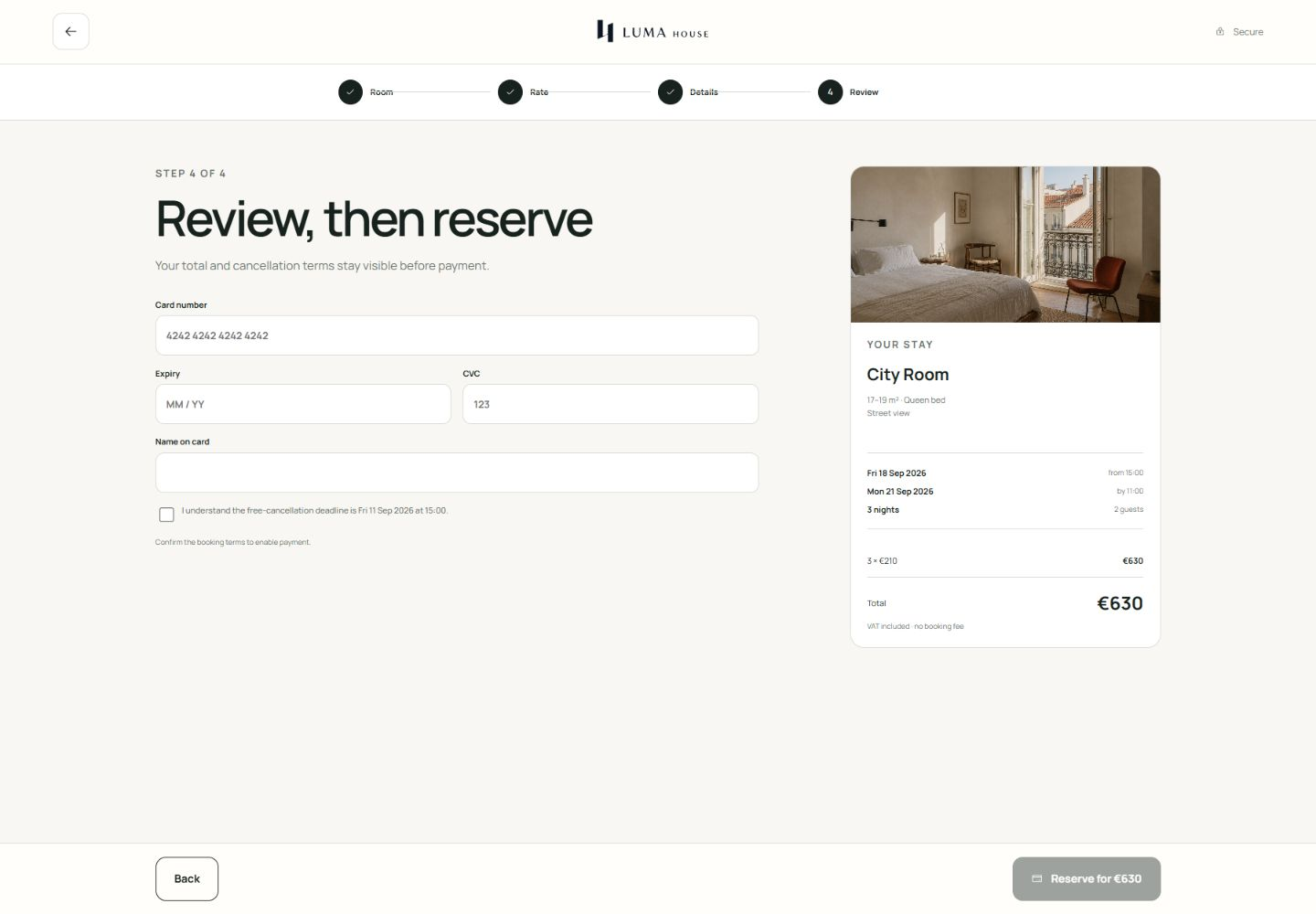 04 / Review — total and cancellation before payment
