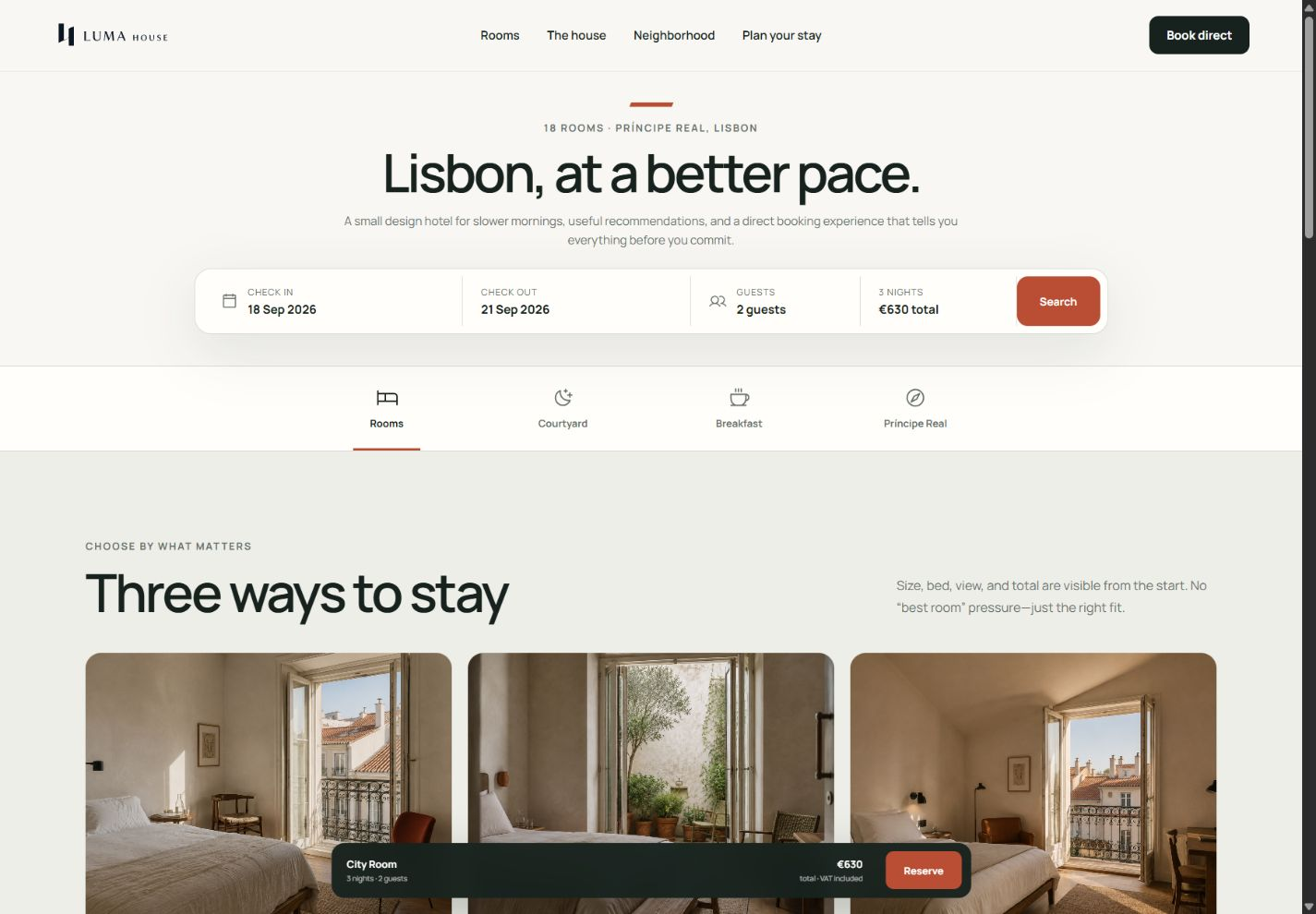 Desktop / Search, room comparison and direct-booking entry